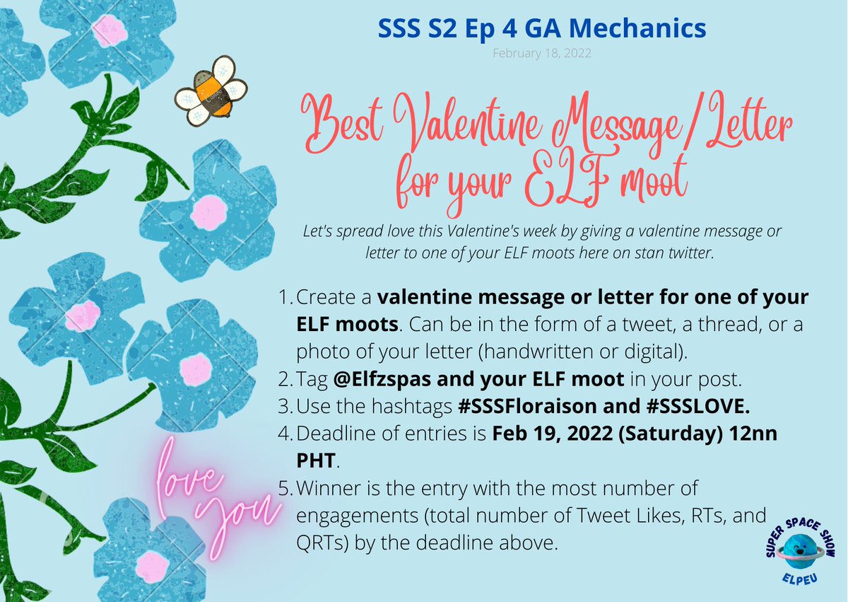 elfzspas's tweet photo. #SSSFloraison GA for tonight's episode ๐ Let's spread love with our fellow ELF! Valentine's may be over last Monday, but everyday can be valentine's vibe if we want to. Read the full mechanics and criteria below. Prize will be in gcash ๐ https://t.co/vxOq4bquwX