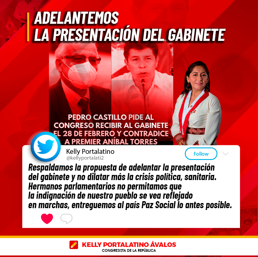kellyportalati2's tweet photo. Respaldamos la propuesta de adelantar la presentación 
del gabinete y no dilatar más la crisis política, sanitaria. 
Hermanos parlamentarios no permitamos que 
la indignación de nuestro pueblo se vea reflejado 
en marchas, entreguemos al país Paz Social lo antes posible. https://t.co/twFb78hqka