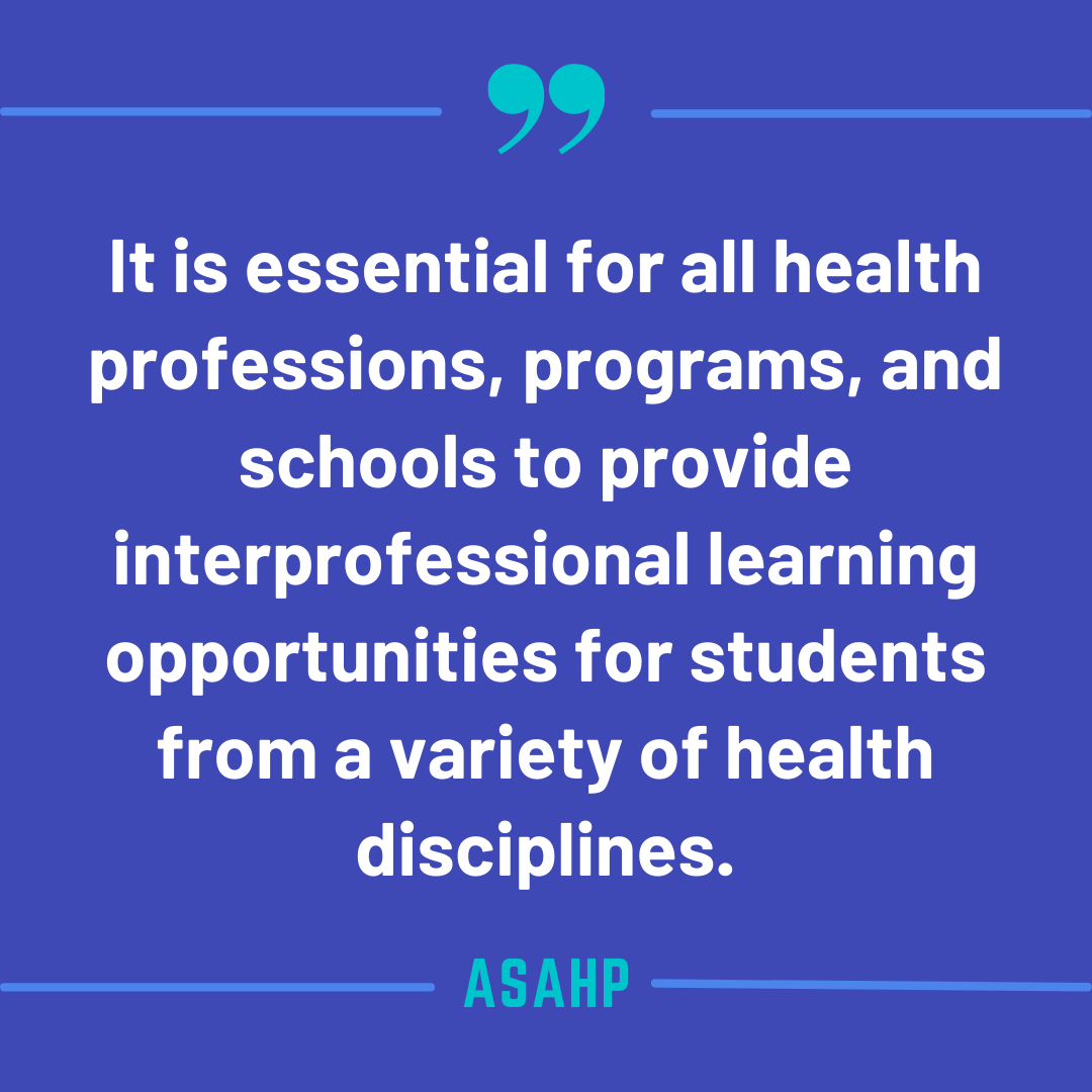 ASAHPDC's tweet photo. At ASAHP, we affirm that it is essential for all health professions programs and schools to provide interprofessional learning opportunities for students from a variety of health disciplines.

Learn more about our views on interprofessional education here: https://t.co/FyDjhTXCRH https://t.co/45ZhLTdUNP