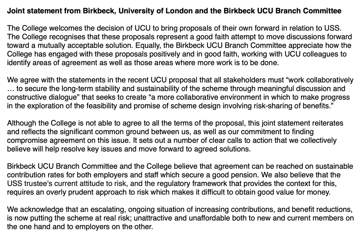 BirkbeckUCU's tweet photo. BREAKING: Joint statement agreed between @BirkbeckUoL and @BirkbeckUCU welcoming @ucu USS proposals, calling for us to work together to solve this didoute and insisting on the need for a new valuation (image with text below) https://t.co/5LxpJ5IXlG