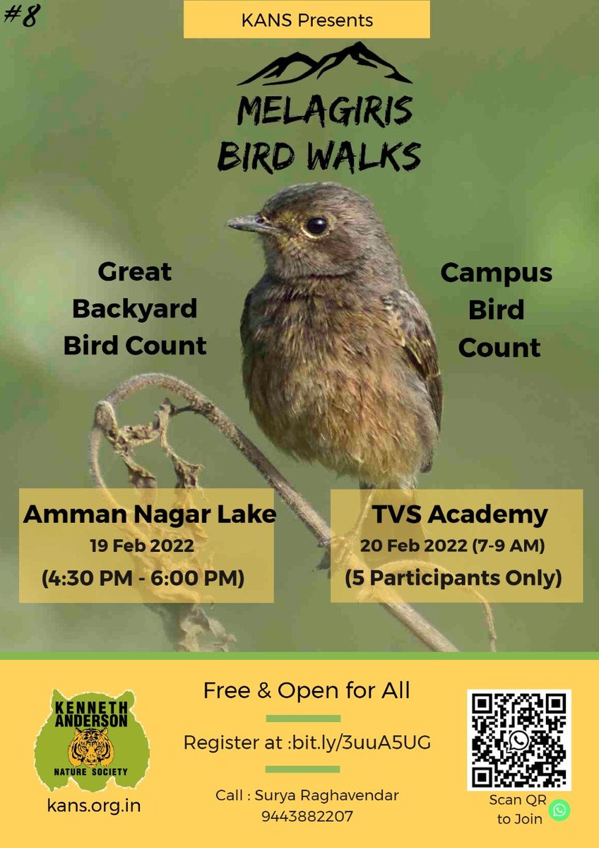 KANS_India's tweet photo. And here comes the 8th of the Melagiris bird walks series in Hosur. 2 locations this time! ☺️

COVID-19 guidelines need to be observed. Kindly mask up &amp; maintain social distance.

#IndiAves

https://t.co/Kz2y5rHJQI https://t.co/4B5lKZenbP