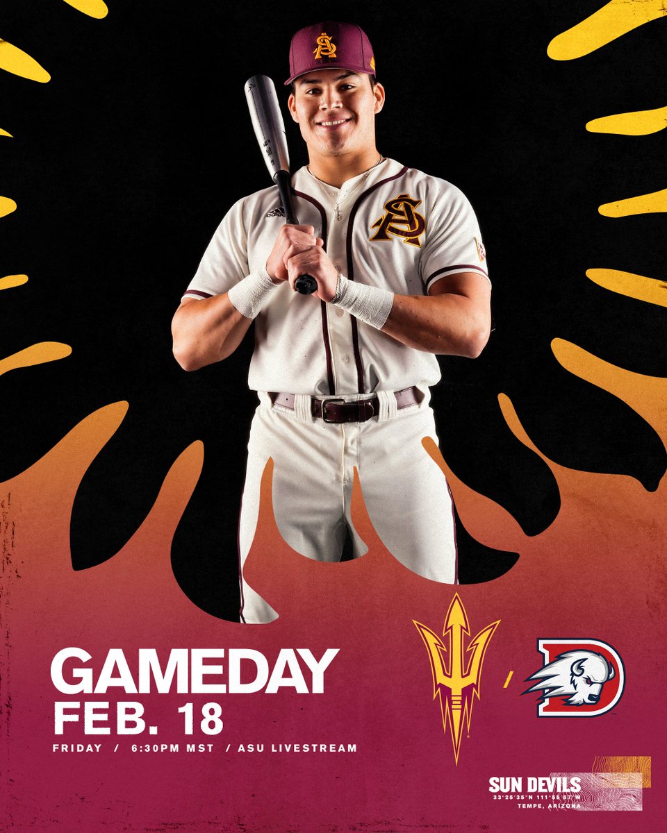 ASU_Baseball's tweet photo. ASU BASEBALL IS BACK!
🆚 Dixie State
⌚️ 6:30 PM MST
🏟️ Phx Muni
📺 https://t.co/WcCwgMwWYV
📻  KAZG 1440 AM
🎟️ https://t.co/P7UTJeY5Dg https://t.co/eCncaixY1s