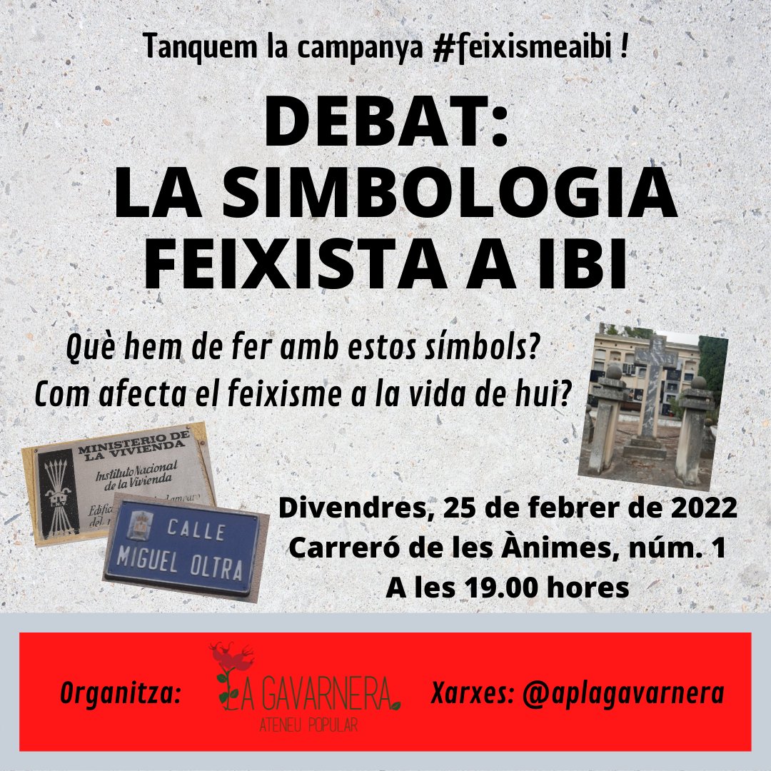 Als carrers i als espais d'Ibi convivim amb distintes simbologies que exalten el feixisme des dels temps de la dictadura.

•Què fem amb eixos símbols? 🤔
•La presència d'eixos símbols ens afecta en l'actualitat? 🤔
•Més enllà d'això, com ens afecta el feixisme hui en dia? 🤔
