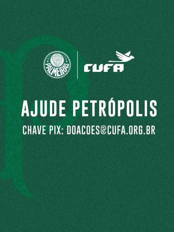 Petrópolis está sofrendo com enchentes na cidade, e a ajuda da #FamíliaPalmeiras pode impulsionar o amparo às vítimas neste momento. Chave PIX para doações 📲 doacoes@cufa.org.br #TodosSomosUm