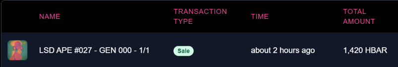 LSDApes's tweet photo. First secondary sale on @ZuseMarket #LSDApe #27 at 1420 $HBAR let's go! #HederaNFT https://t.co/PFW0jyInjh