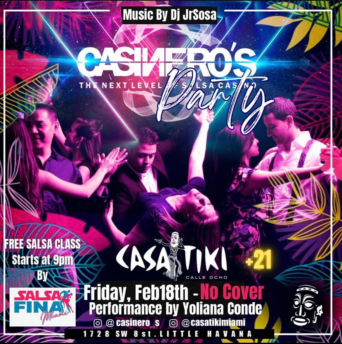 CASINERO'S : The next level of salsa casino takes place tonight in Calle Ocho's premier tiki destination! NO COVER &amp; FREE salsa class at 9PM 💃🏻 Let's dance!  #casatikimiami