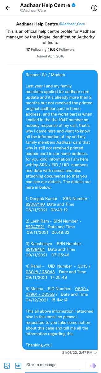 Deepak2019Raghu's tweet photo. @Aadhaar_Care @UIDAI @ceo_uidai @UIDAIDelhi @PMOIndia 
it's still ignoring my DM regarding my and my family's Aadhaar cards? https://t.co/aX9jVNr2NE