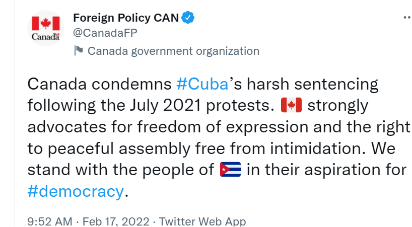 ClimateAudit's tweet photo. Trudeau regime supports "freedom of assembly and the right to peaceful assembly free from intimidation" in Cuba. But not in Ottawa. https://t.co/sl0iVWEBJP