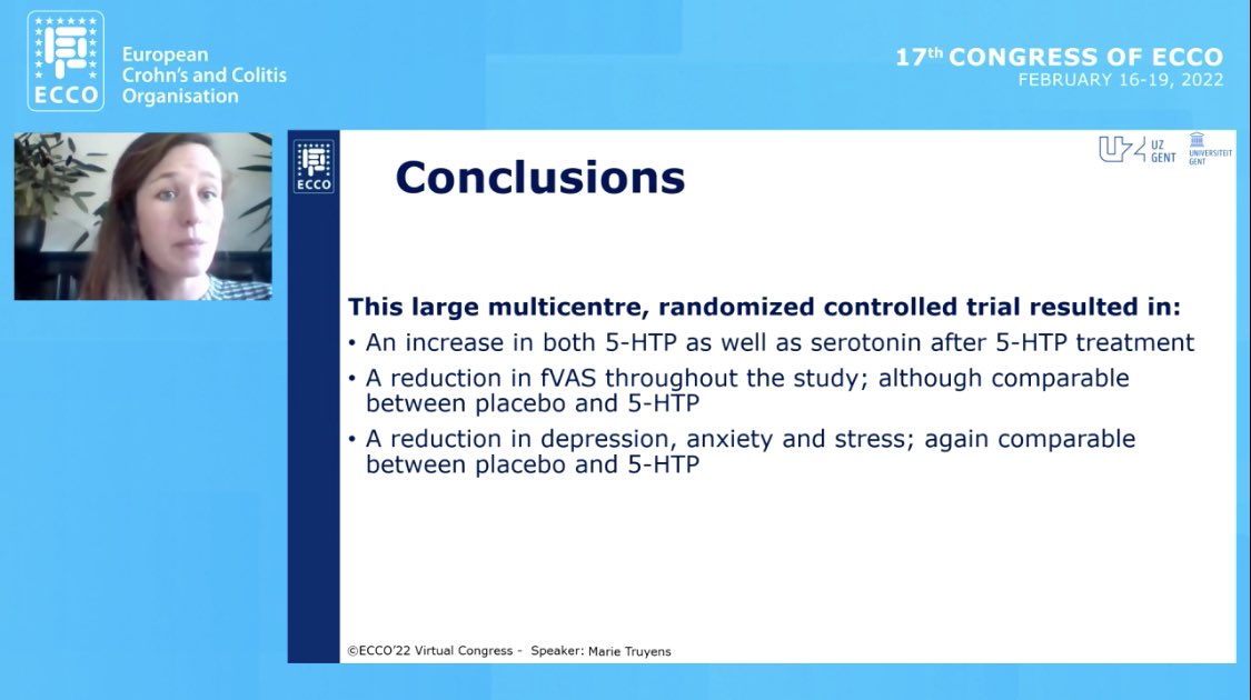 Marie Truyens presenting a very interesting study for fatigue associated with IBD in remission. Although no differences vs pbo I find of paramount interest the fact of the response this group of patients have to placebo in such a subjective symptom as fatigue. #ECCO22 #ECCO2022