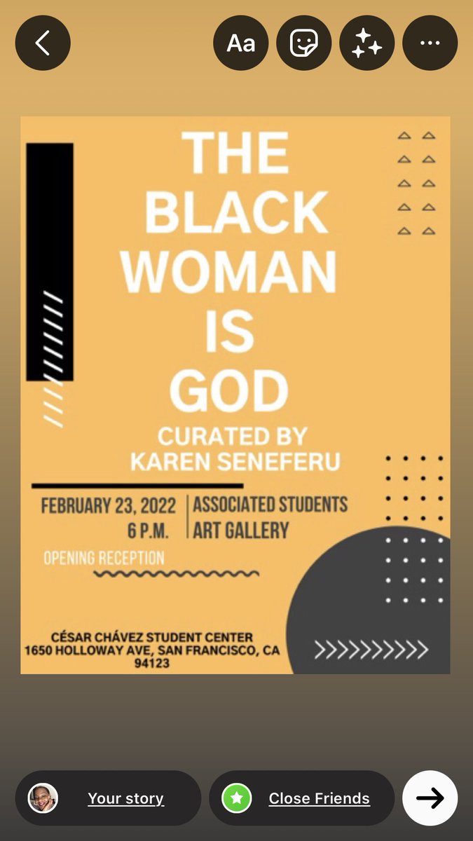 tarshelbeards's tweet photo. A few weeks ago I saw The Black Woman is God exhibit at SomaArts. So excited that the @blackunitysfsu along with our campus partners is hosting the exhibit at @SFSU Itβs an amazing exhibit full of beauty and spirit. Opening night Wednesday 2/23, 6pm #BWIG #BlackUnitySFSU. https://t.co/ZDVGsNEAcm