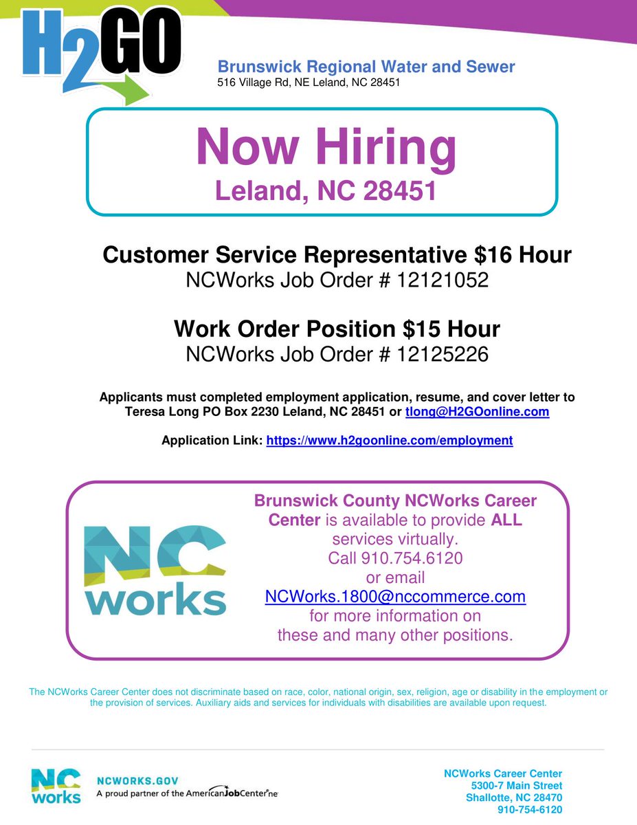 ATTENTION JOB SEEKERS!  
Brunswick Regional Water and Sewer is now hiring! Please see the information below for further details!
#NCWorks #JobOpportunities #brunswickcountync