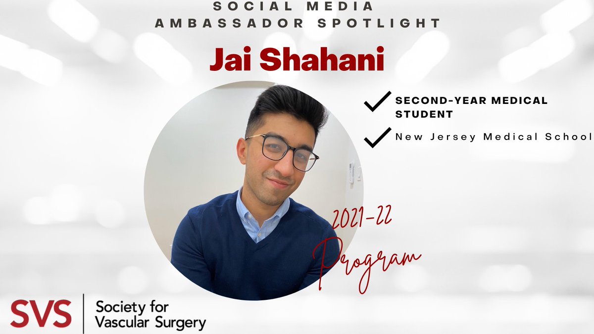 Our next Social Media Ambassador Spotlight is Jai Shahani! @j_shahani1 is highly interested in vascular surgery because of its wide variety of endovascular and open procedures along with the longitudinal relationships doctors have with their patients.