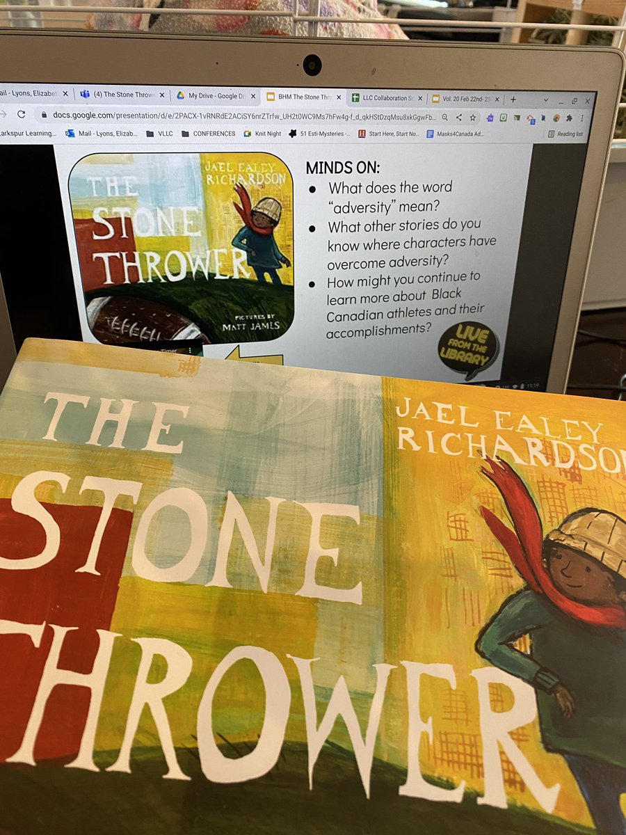 LarkspurLibLC's tweet photo. Today’s #LiveFromTheLibrary story was The Stone Thrower by @JaelRichardson - one of @mrslyonslibrary faves. Ask your teacher to share the slide deck of resources ti learn more about Black Canadian athletes. @PDSB_Libraries #ONSchoolLibraries #onted #BlackHistoryMonth https://t.co/H4NaY7WGL3