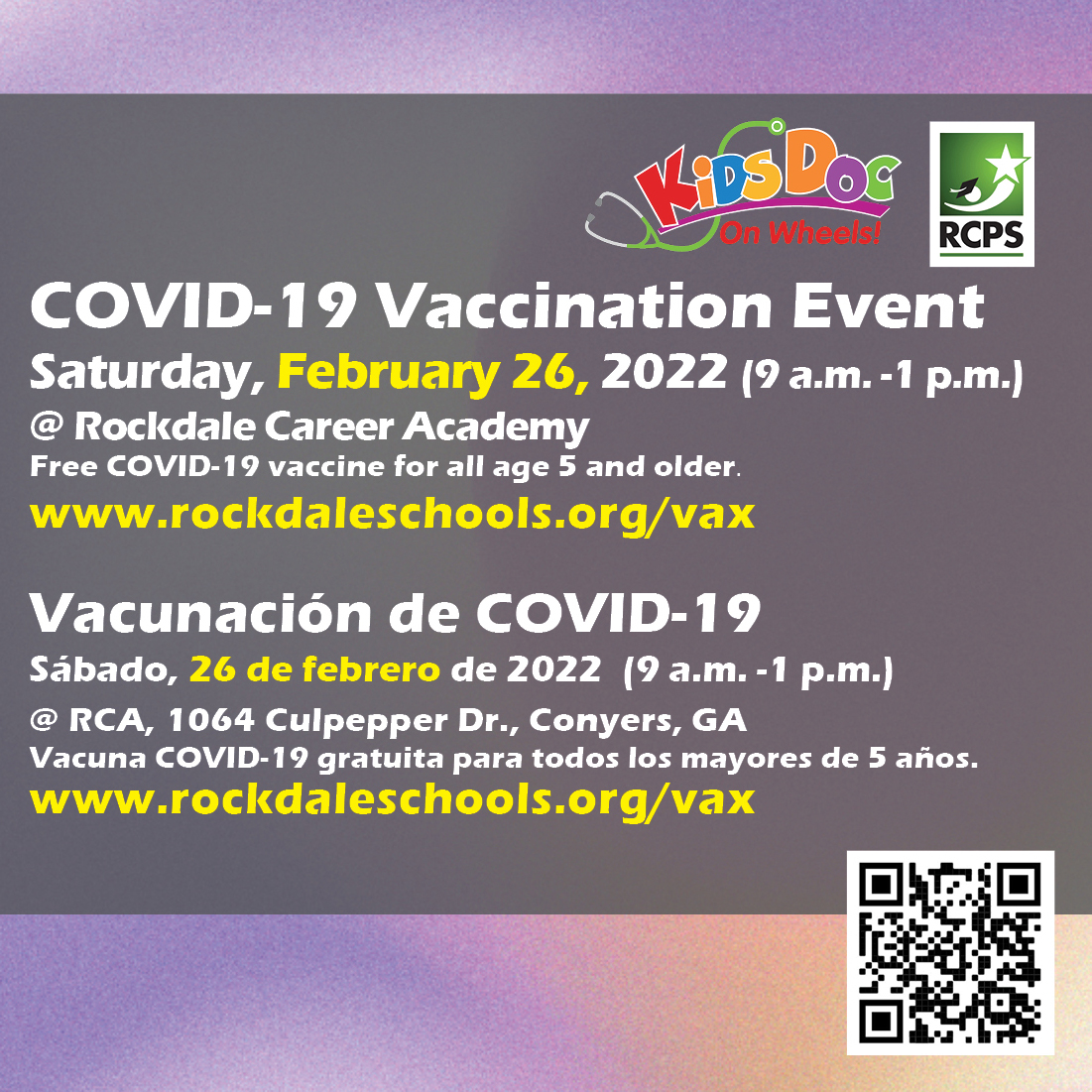 RockdaleSchools's tweet photo. RCPS &amp; @kidsdoconwheels offer free COVID-19 Vaccination Saturday, February 26, 2022, 9am–1pm @rca_career. Vaccine available to all age 5 &amp; older. Registration &amp; details at https://t.co/wHF0lFwDSb https://t.co/rFuv7IOcwy