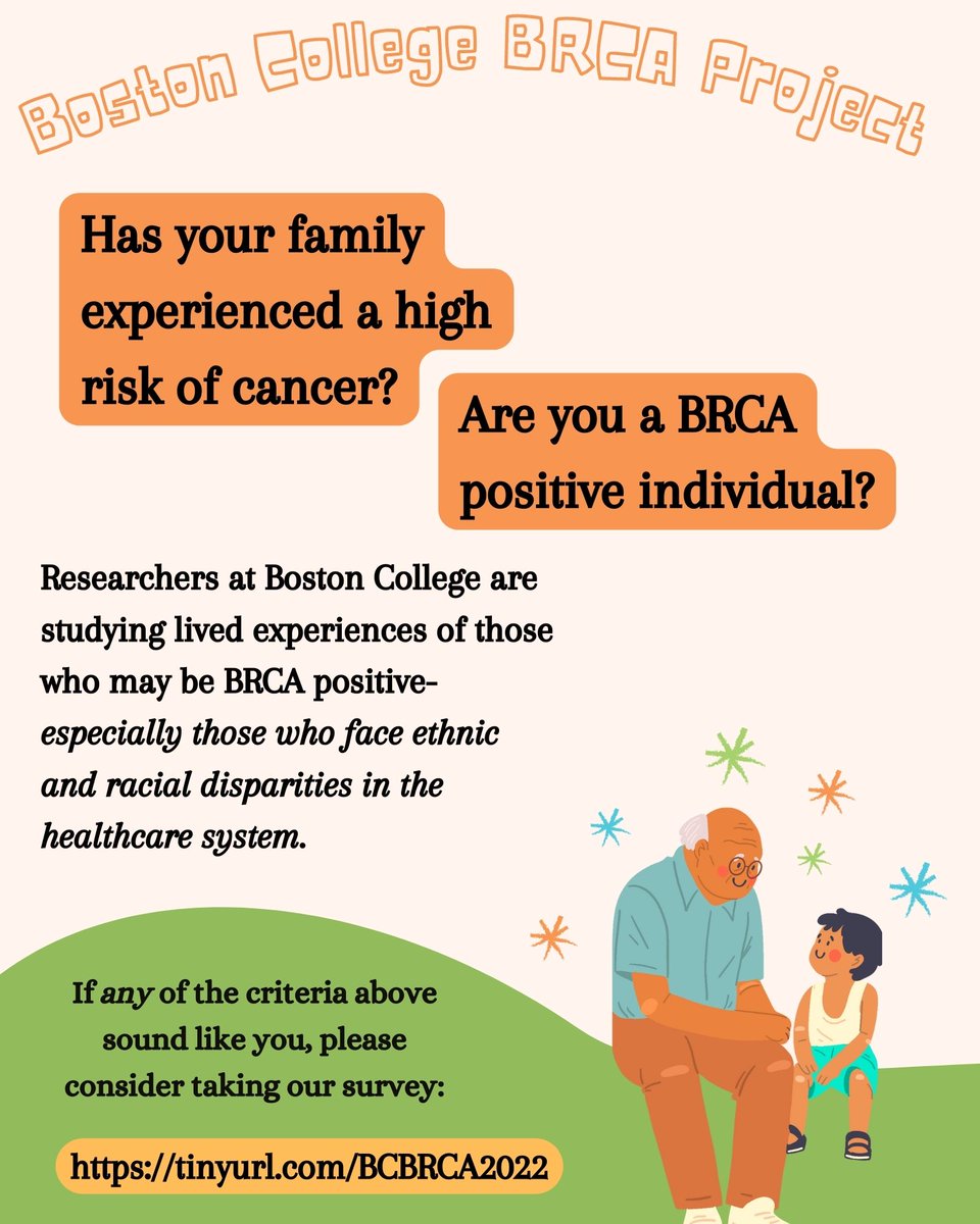 Researchers at Boston College are studying the lived experiences of those who may be BRCA positive, and especially those that face marginalization from the healthcare system. Take our confidential survey tinyurl.com/BCBRCA2022 today if you are interested! #GeneticTesting #BRCA