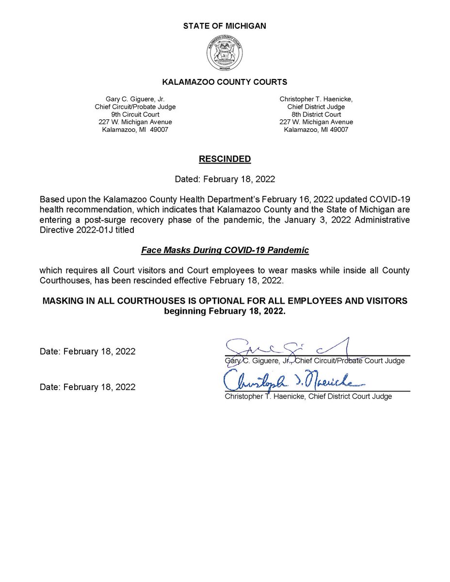 Face masks in all courthouses are optional for employees and visitors beginning February 18, 2022