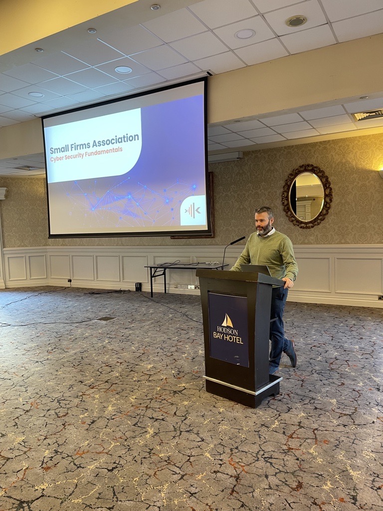 KontexSecurity's tweet photo. Today we're at The SFA Small Business Awards in Athlone. Frank Renehan  and Olga Short are discussing the type of attacks small firms are susceptible to, how to best equip themselves to mitigate the risk.#SFAAwards2022  #cybersecurity #kontex #ibec @fit_gurl @renehanf https://t.co/R4pDOz88Dm