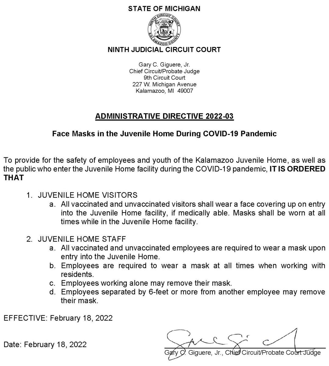 Administrative Directive RE Face Masks in the Juvenile Home