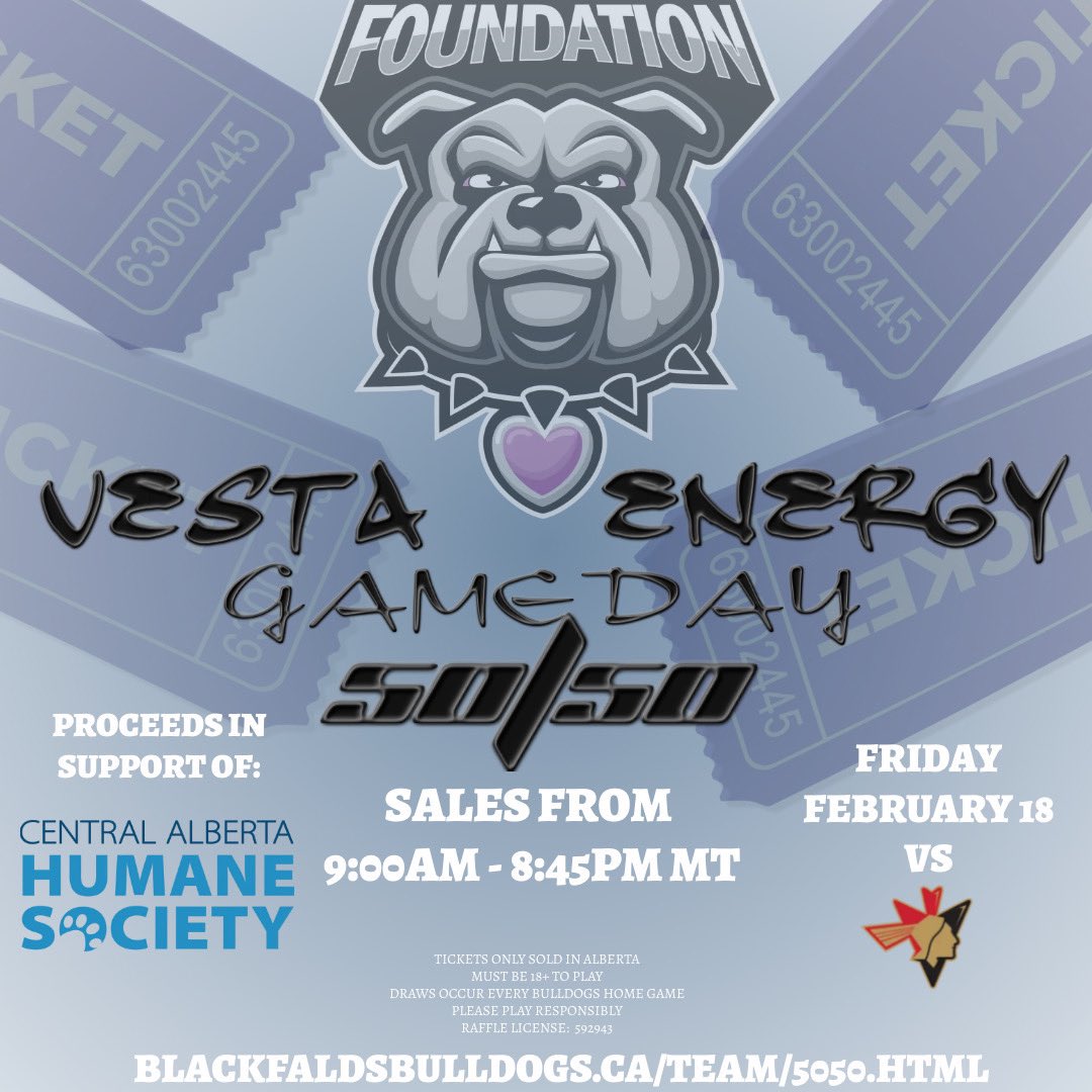 Tonight is pink power night, brought to you by pink society. Get your 50/50s for tonight’s game at blackfaldsbulldogs.ca/team/5050.html