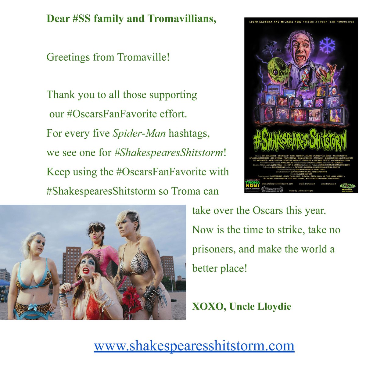 Slay #TROMA team! @Variety_Film @TheAcademy @latimesmovies @nytimes @VICE @voxdotcom💚 shakespearesshitstorm.com