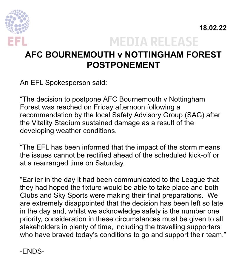 EFL_Comms's tweet photo. EFL statement: AFC Bournemouth v Nottingham Forest postponement.

#EFL https://t.co/b03eAlsvuC