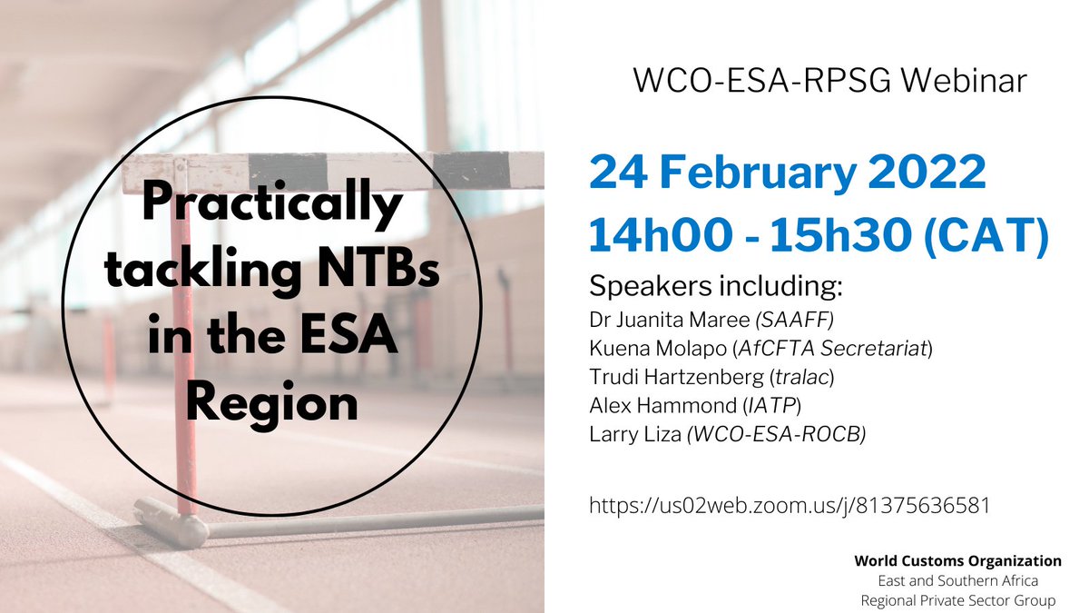 ❗️Upcoming webinar - next week❗️

🚧Practically tackling NTBs in the ESA Region🚧

🗓️Thursday, 24 February 2022
🕑14h00 - 15h30 CAT (UCT +02:00)
🖥️us02web.zoom.us/j/81375636581

#NTBs #tradebarriers #Africa
@RSAFreight @wcoesarocb  @TradeLawCentre @AfCFTA @IATP