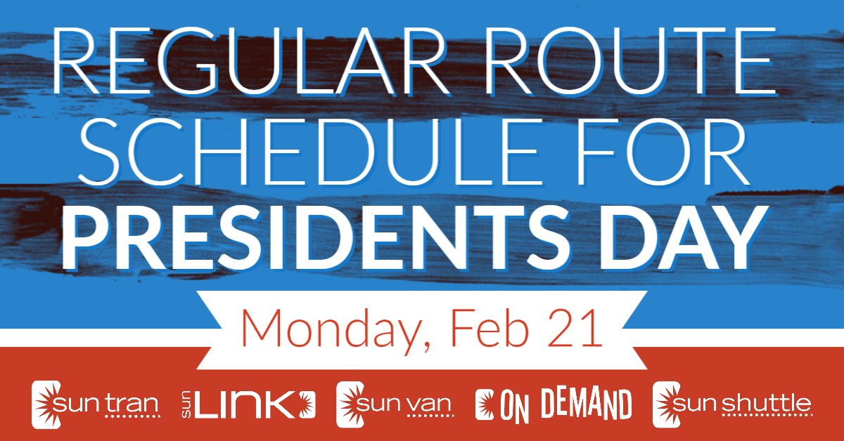 SunTran_Tucson's tweet photo. Riders can expect regular schedules on Monday during Presidents Day.
🖱️https://t.co/jBsEUwkYhs
#PresidentsDay #TransitSchedules #SunTran #SunLink #SunVan #SunShuttle #SunOnDemand https://t.co/RH5l718QrA