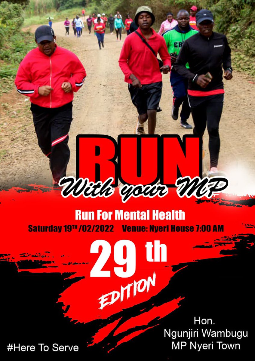 LETS RUN

Tomorrow bright & early … 

#NyeriHouse … 7am! 

#RunWithMyMP 
#RunForMentalHealth
