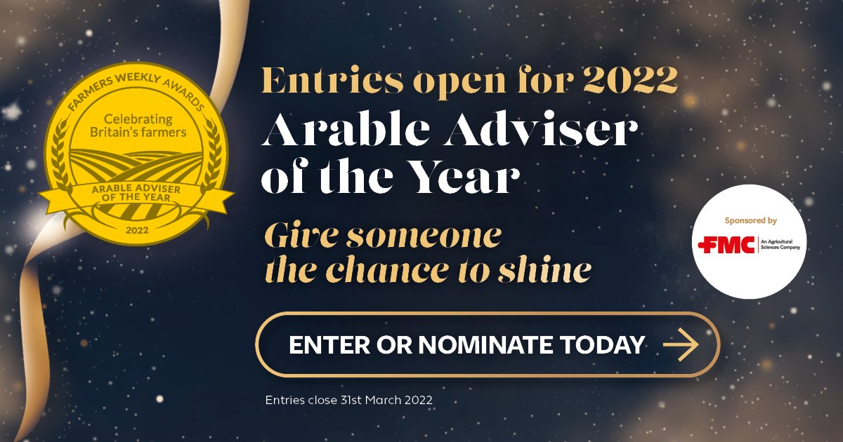 FarmersWeekly Awards (@fw_awards) on Twitter photo ๐ Entries are now open for the 2022 Arable Adviser of the Year ๐
๐ Do you know a great Arable Adviser who deserves to be applauded for their hard work?
Enter or nominate today: FWi.co.uk/awards22
Proudly sponsored by <a href="/FMCAgroUK/">FMC Agro UK</a>
#FWAwards #farmersweekly ๐ Entries are now open for the 2022 Arable Adviser of the Year ๐
๐ Do you know a great Arable Adviser who deserves to be applauded for their hard work?
Enter or nominate today: FWi.co.uk/awards22
Proudly sponsored by <a href="/FMCAgroUK/">FMC Agro UK</a>
#FWAwards #farmersweekly