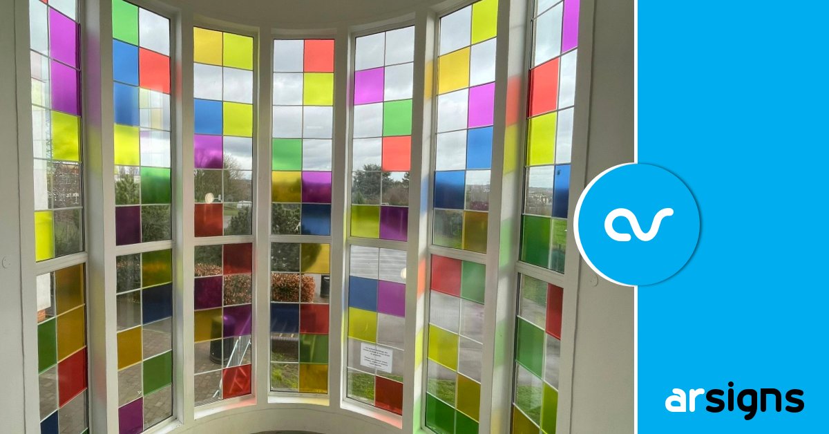 ArSigns's tweet image. We had to celebrate #FineSignFriday with this week's work with @archwayblog school @Bluecoat_B_dale. 

This gorgeous stained glass effect wouldn't look out of place in #southwellminster!!!  WIP shot added for scale...

#schoolsigns #schoolsignage #schoolgraphics