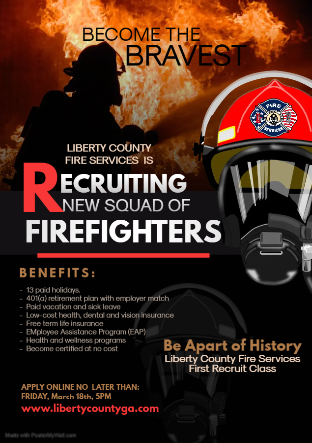 Become a part of history! Apply to @LibertyFireGA's very first Recruit program and they will provide all the training you need to become a certified Firefighter for @libertycounty. Applications accepted through March 18 at ga-libertycounty.civicplushrms.com/careers/Jobs.a….