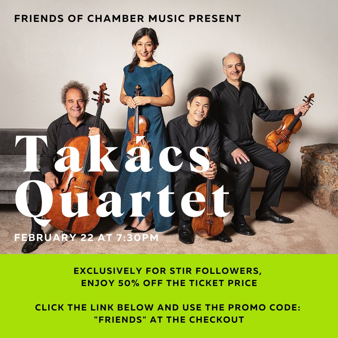 Friends of Chamber Music are delighted to welcome back the Takács Quartet <a href="/VanPlayhouse/">Vancouver Playhouse</a> FEB 22 7:30pm

As a special offer exclusively for Stir followers, enjoy 50% off the ticket price, using promo code: "FRIENDS" at checkout: 

vtixonline.com/friends-of-cha…

<a href="/FCMVancouver/">FCM</a>