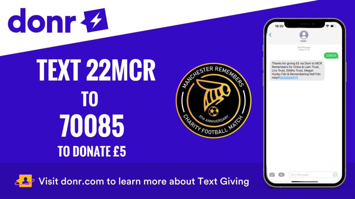 🚨 TEXTGIVING NOW LIVE ! 🚨 

It’s now easier than ever to donate and help us raise that £100,000 target 

We’ve teamed up with fundraising platform @hello_donr to bring you our very own Textgiving 

Text 22MCR to 70085 to donate £5 

It’s that simple!!! 

#McrRemembers ⚽️🐝