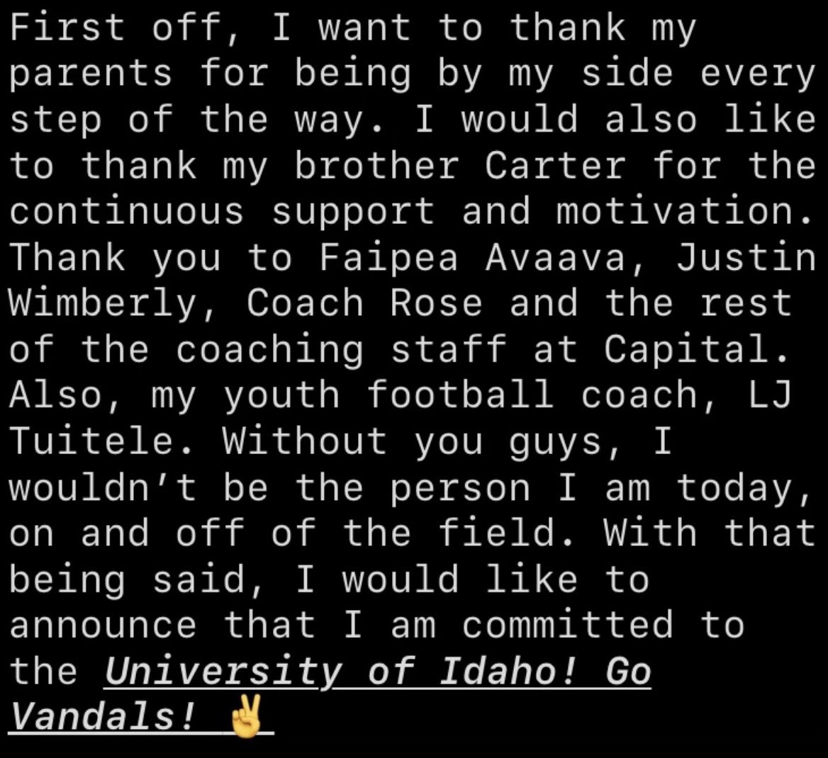 This one is for you, Papa Elton 💛🖤
100% COMMITTED! #GoVandals

@FaipeaAvaava @coachTuiAvaava @CapFootball360 @jwims89 @Coach_Eck @CoachTFord @Booof38 @VandalFootball @BrandonHuffman @RylandSpencer