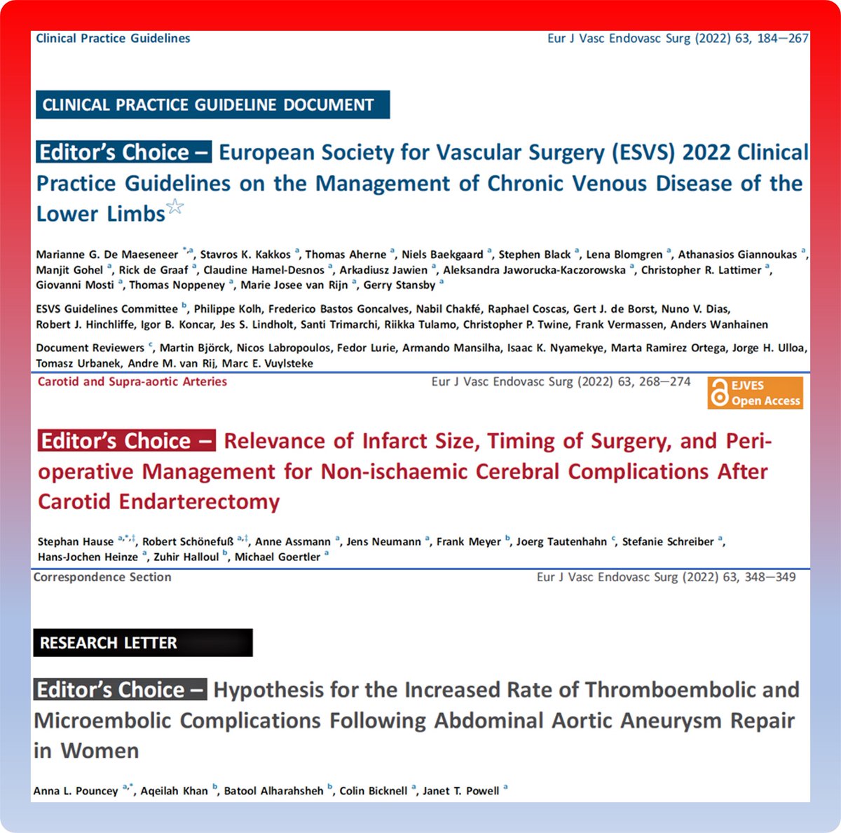 EJVES_ESVS's tweet photo. #EJVESEditorsChoice (Feb 22) #OpenAccess :
1.#EJVESguidelines on chronic #venous disease
2.Factors contributing to non-ischemic cerebral complications after #CEA
3.Pathological clotting and sequelae in women after #AAA repair-why? https://t.co/5SVHPUK6Al