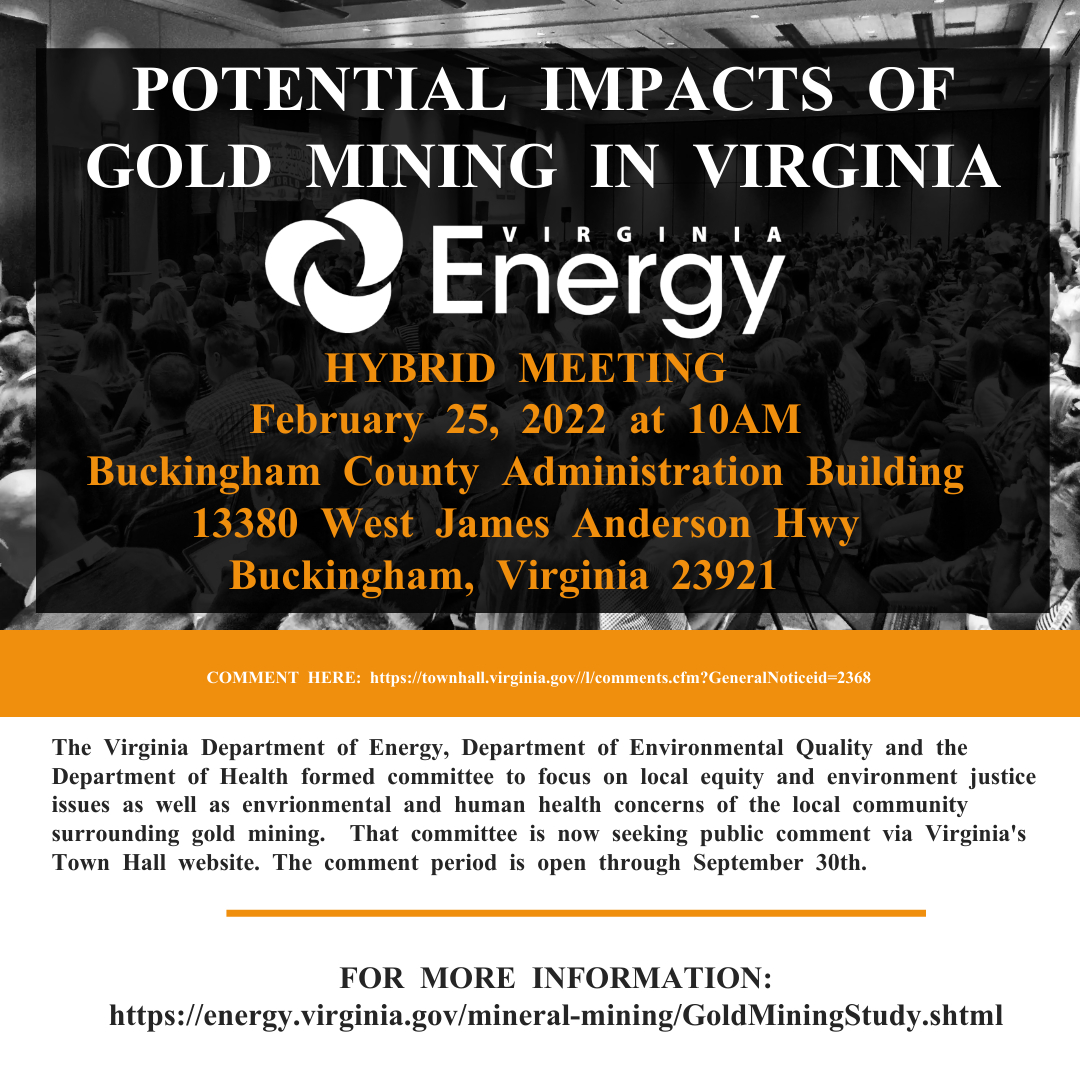 Virginia_Energy's tweet image. Join us for the first hybrid meeting regarding potential impacts of #gold mining in Virginia on Friday, February 25, 2022 at 10AM. Join virtually here: ow.ly/Jxk750HYNSP 
Meeting number (access code): 2421 344 4624
Meeting password: VAEnergy1