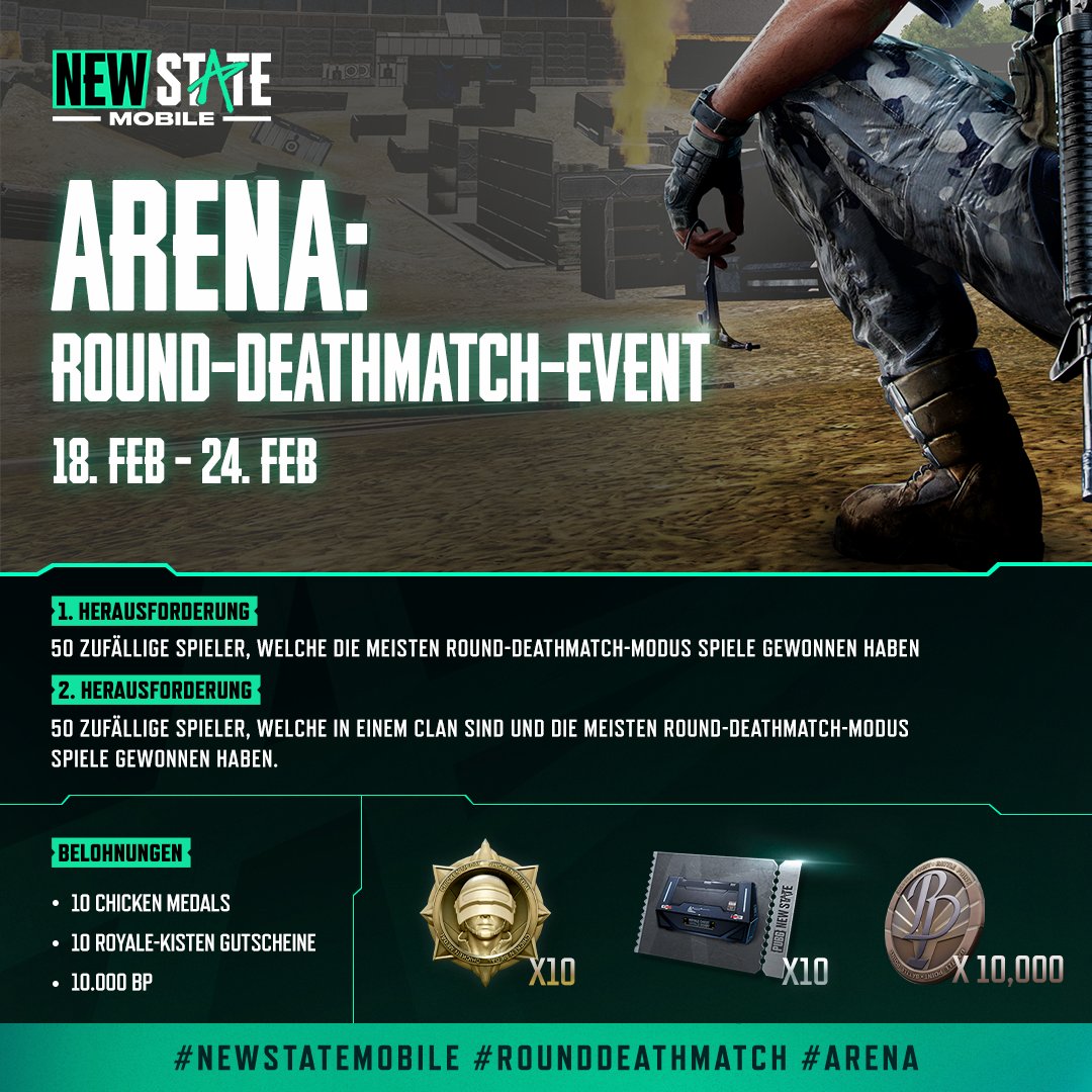 DE_NEWSTATE's tweet photo. Nimm an unserem Round-Deathmatch-Event teil, um großartige Belohnungen zu gewinnen!
Weitere Informationen findet ihr auf unserer Website:
https://t.co/CFQyLXZdeF
#NEWSTATEMOBILE #ROUNDDEATHMATCH https://t.co/qRAWZdnwC2