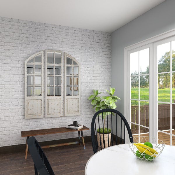 Bigger and brighter! Adding a mirror instantly makes your space feel larger and with all the detailing and distressing this 3 paneled mirror has, you won't need any other wall decor!  

#VintageDecor #DistressedDecor #Mirror #VintageMirror #WallAccent #UMAHomeDecor #HomeDecor