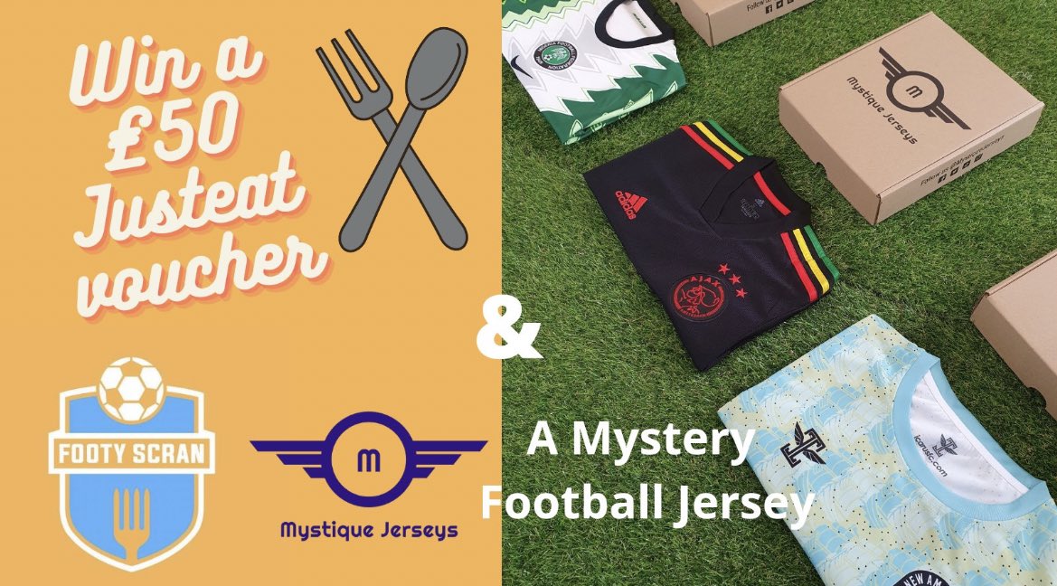 🚨 Massive Giveaway 🚨 To thank our followers, we've teamed up with @MystiqueJerseys to giveaway: ➡️ £50 @JustEatUK voucher 🍽🍔 ➡️ Mystery Football Jersey 👕❓📦 To enter: 🔄 Retweet 🤝 Follow @MystiqueJerseys & @FootyScran