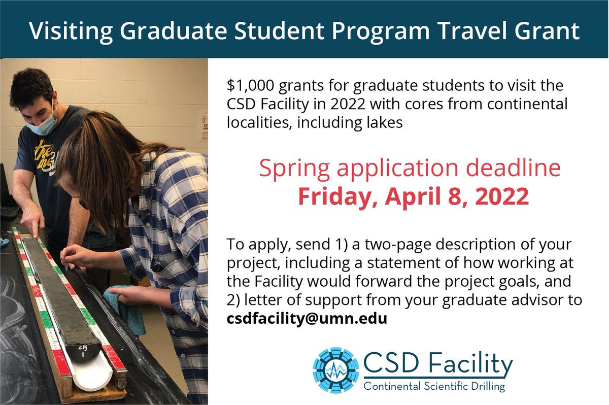 CSD Facility (@csdfacility) on Twitter photo Apply for a grad student travel grant to process your cores! Due Friday, April 8th - Email csdfacility@umn.edu with 1) 2-pg project description including how working at the Facility would forward project goals, 2) letter of support from your grad advisor #NSFFunded #geology Apply for a grad student travel grant to process your cores! Due Friday, April 8th - Email csdfacility@umn.edu with 1) 2-pg project description including how working at the Facility would forward project goals, 2) letter of support from your grad advisor #NSFFunded #geology
