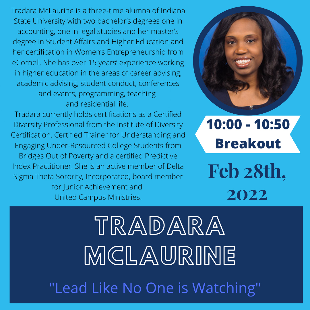Meet our Ethics Conference speakers!

Tradara McLaurine currently works as a Co-Owner of Tremark Development, LLC. Her topic is "Lead Like No One is Watching" and she will be speaking at the 10:00 breakout session!

Read more at indstate.edu/business/ethic…

#indstateethics