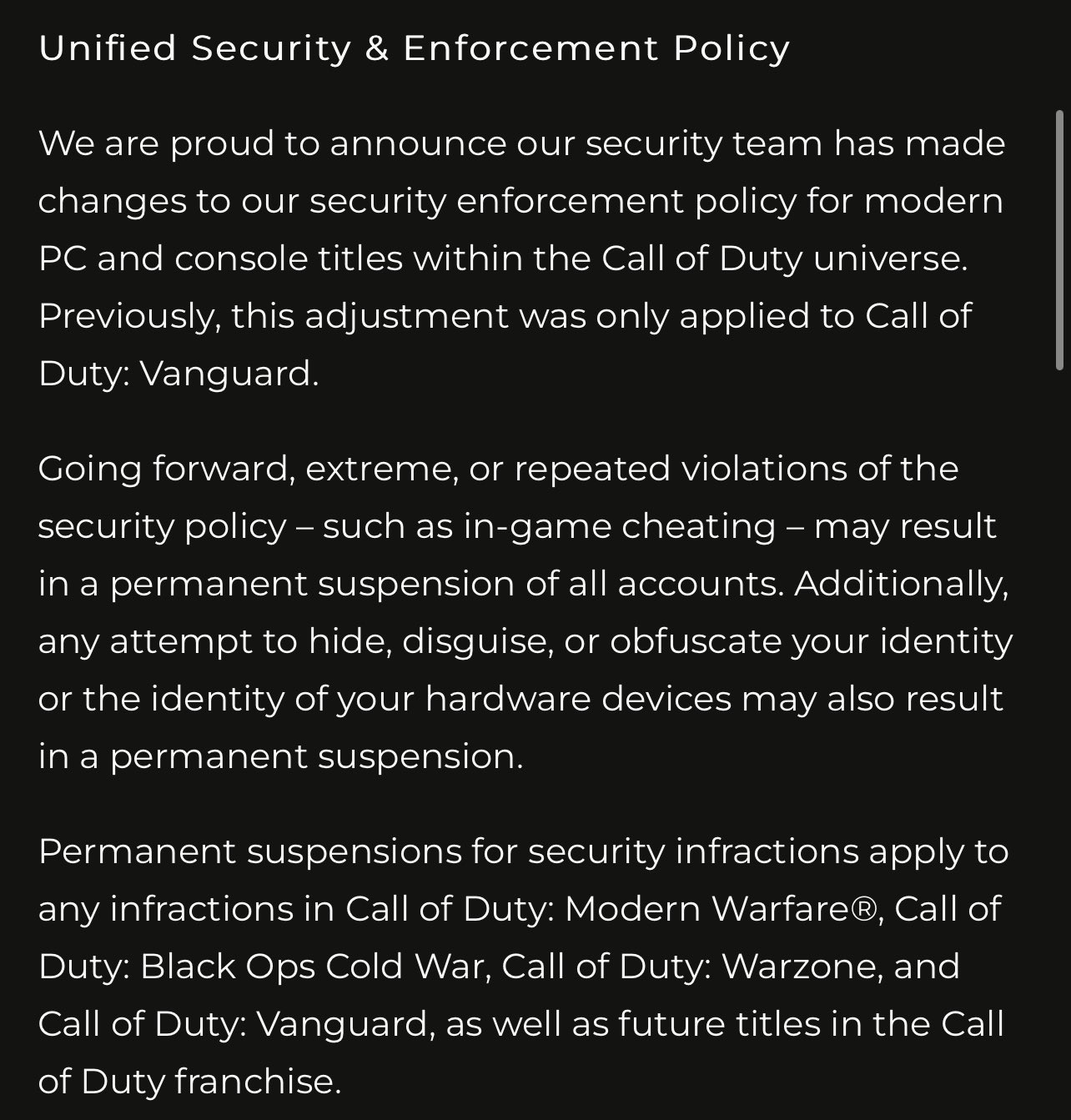 Call of Duty Security and Enforcement Policy