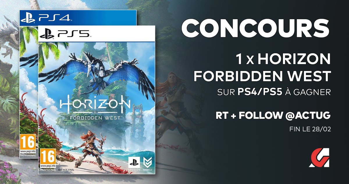 ActuG's tweet photo. #CONCOURS 🎁 : 1 x Horizon Forbidden West à gagner ! 😁🏹

Pour jouer :
💥 #RT ce tweet
💥 Follow @ActuG
💥 Dis-nous si tu joues sur PS4 ou PS5 ⤵️

Fin 28/02 ✨ #HorizonForbiddenWest 

Voici le TEST en vidéo : https://t.co/dbTh53jVCq https://t.co/GAnrozOVUe