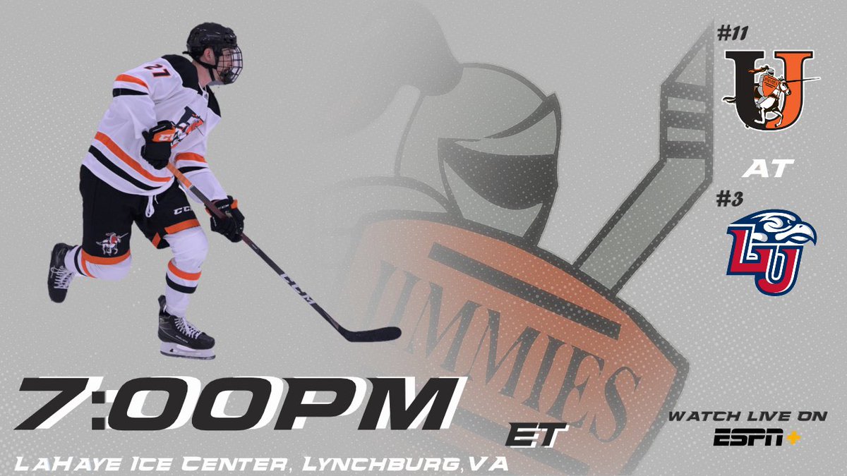 UJMensHockey's tweet photo. ⚔️Jimmie Gameday⚔️

Jimmie’s are on the east coast this weekend as we wrap up our regular season against @LibertyHockey. Puck Drop is 7pm ET. Tune in live on ESPN+
#JimmiePride https://t.co/5DK4nEhjlm