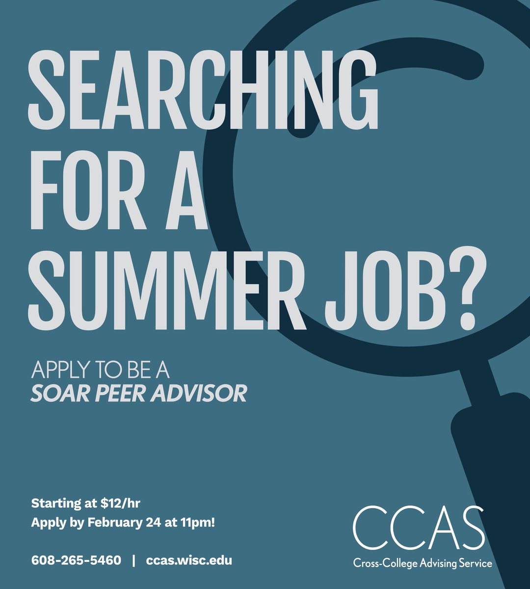 Students, come work with us! CCAS is hiring for SOAR peer advisors this summer. You’ll work with a FUN team of peer and professional advisors, and help incoming students choose classes, enroll, and learn about life on campus. Apply by 2/24. Info here ccas.wisc.edu/work-with-us/