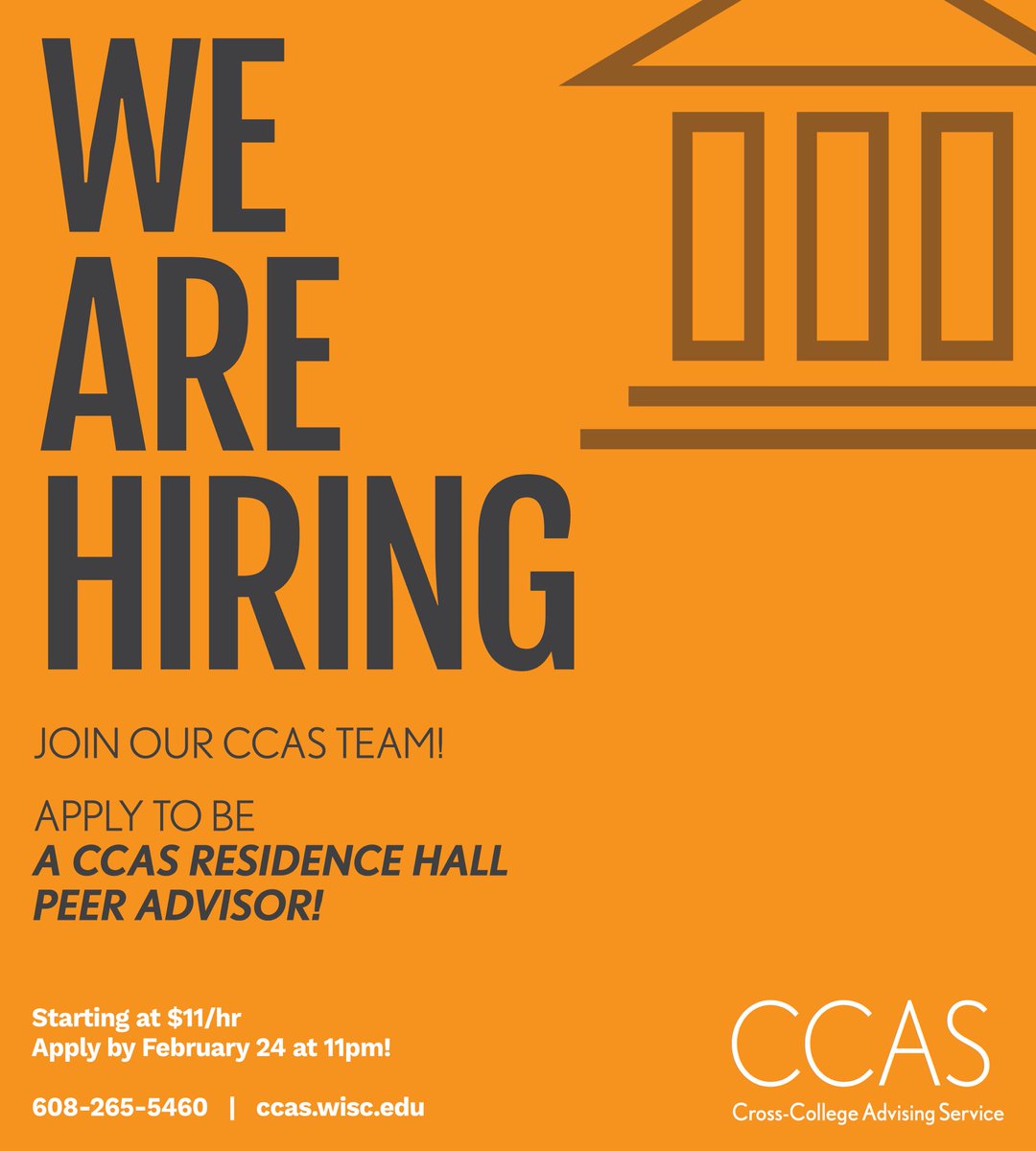 Want a job for the 2022-2023 year? Love chatting with fellow students about courses? Come be a CCAS peer advisors!! Work in our residence hall offices offering individual drop-in advising services. Apply by 2/24. Info here: ccas.wisc.edu/work-with-us/