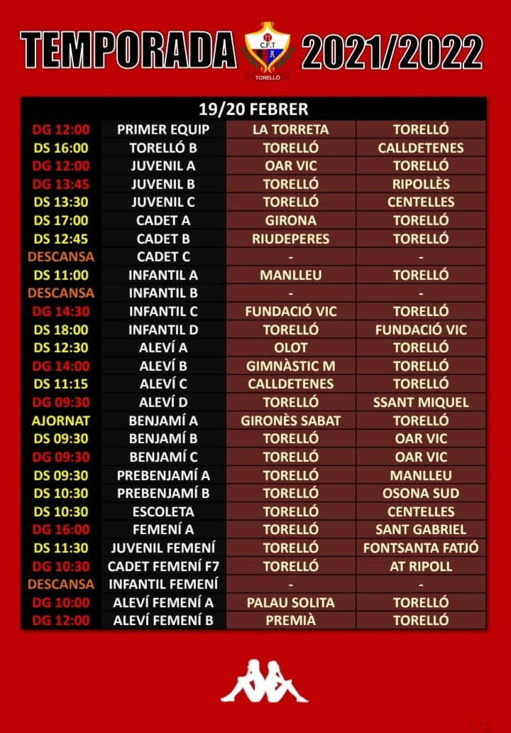cftorello's tweet photo. Llistat de partits dels nostres equips aquest cap de setmana. #SomhiEquips #ADNpescallunes🔴⚫️ https://t.co/O8hhHnR6QI