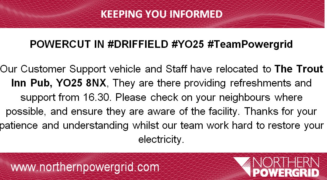 Northpowergrid's tweet photo. #POWERCUT #DRIFFIELD #YO25 #TeamPowergrid https://t.co/qnDMdaQWwP