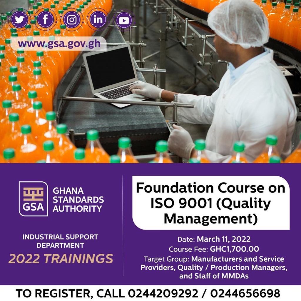 GhanaStandards's tweet photo. GSA is offering the following ISO courses in March 2022.
1. Foundation course on ISO 9001
2. Internal Auditors course on ISO 9001
3. Lead Auditors course on ISO 9001
#isotraining #HACCP #healthandsafety #iso9001
#audit #internalauditorcourse #leadauditorcourse #tgif https://t.co/WruCYJhlCV