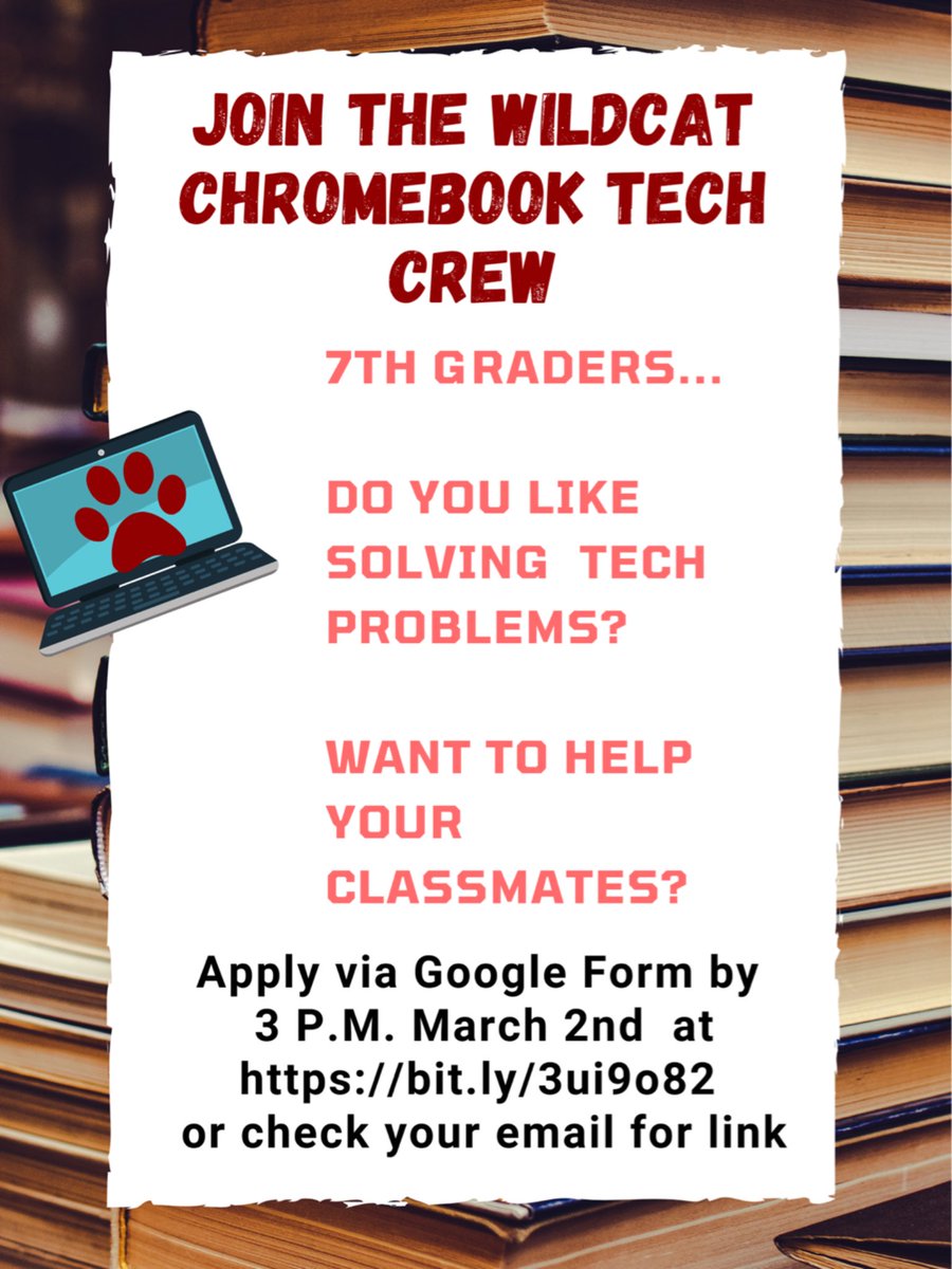 MMS_Library's tweet image. Volunteer Opportunity - 7th Graders Only - Wildcat Chromebook Tech Crew! 

Please apply for this opportunity by completing this Google Form **DUE 3PM Thursday, March 2nd*** forms.gle/4VoWk43KTzLXK2…
#masdproud #masdlibraries